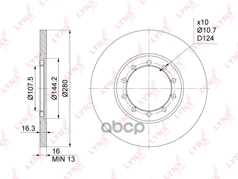Диск тормозной задний (280x16) подходит для FORD Transit 2.2D-3.2D 06-14 BN-1023 LYNXauto арт. BN-1023
