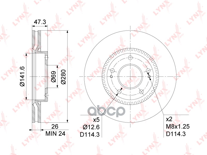 Диск тормозной передний (280x26) HYUNDAI Sonata(NF / YF) 2.0-2.4 05> / Tucson(JM) 2.0-2.7 04-10 / Co LYNXauto арт. bn-1051