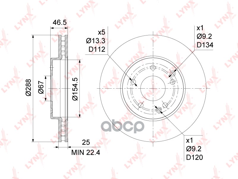 Диск тормозной передний (288x25) MERCEDES-BENZ C200K-280(W202/W203) 95-07 / E200-320(W210) 95-03 LYNXauto арт. bn-1081