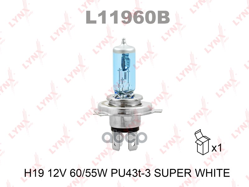 Лампа 12V H19 60/55W PU43t-3 LYNXauto SUPER WHITE 1 шт. картон L11960B LYNXauto арт. L11960B