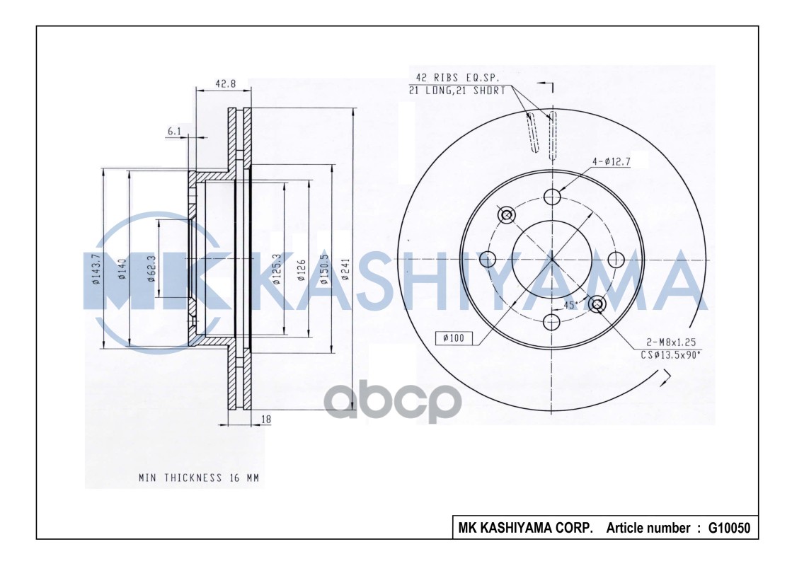 Диск тормозной передний HYUNDAI i10 1.1 08-/KIA PICANTO 1.0-1.1 04- G10050 MK KASHIYAMA арт. G10050