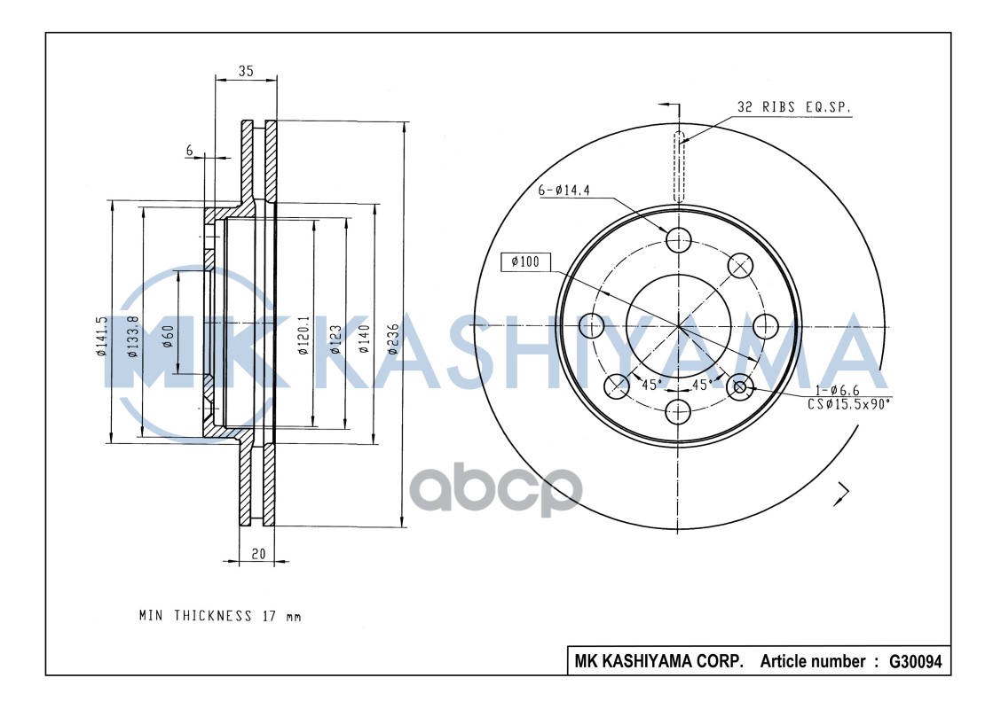 Диск тормозной передний DAEWOO NEXIA/CHEVROLET LANOS/AVEO/SPARK G30094 MK KASHIYAMA арт. G30094