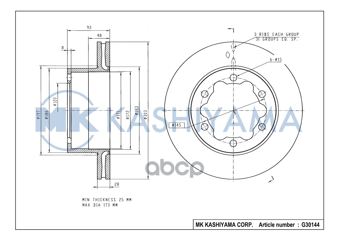 Диск тормозной задний MERCEDES SPRINTER 06/VW CRAFTER (3/3.5/5t) 06 G30144 MK KASHIYAMA арт. G30144