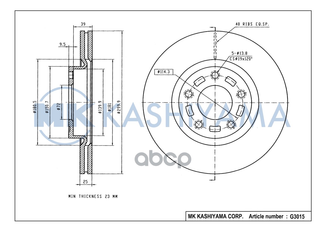 Диск тормозной передний MAZDA 3 2.0 03-/MAZDA 5 R16/17/18 05- G3015 MK KASHIYAMA арт. G3015