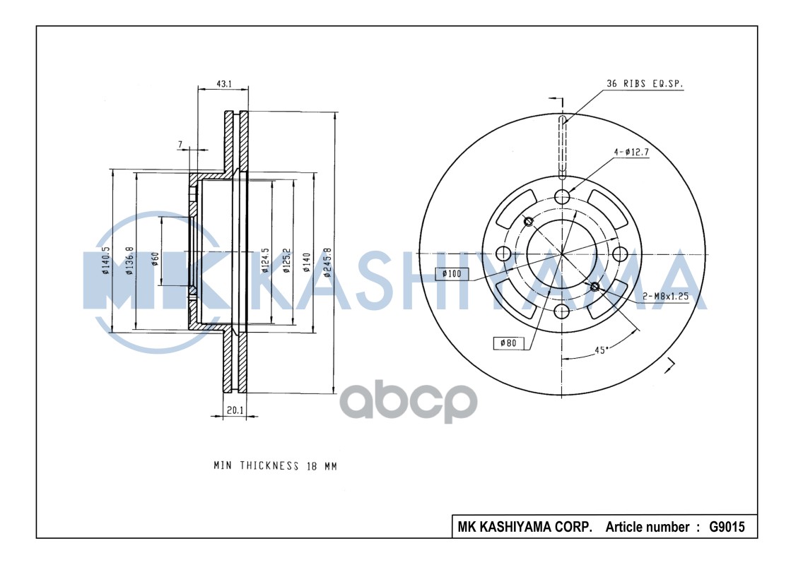 Диск тормозной передний SUZUKI BALENO 1.8/1.9 96-02/LIANA 1.3-1.6 01- G9015 MK KASHIYAMA арт. G9015