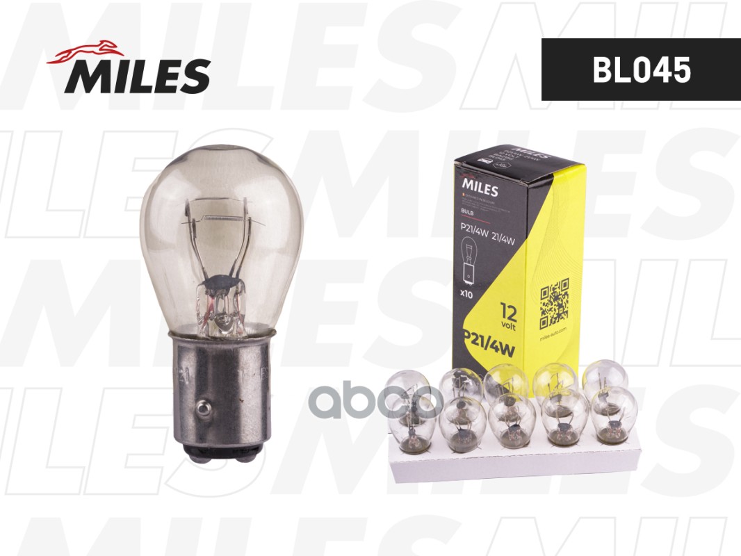 Лампа накаливания сигнальная P21/4W BAZ15d 12V 21/4W картон 10шт цена за 1шт Miles арт. BL045