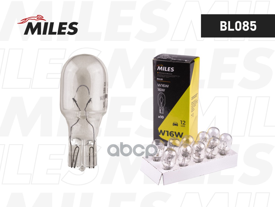 Лампа накаливания сигнальная W16W 12V 16W W2,1x9,5d картон 10шт цена за 1шт Miles арт. BL085