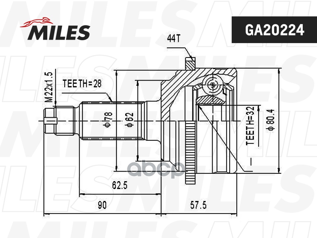 ШРУС MAZDA 6 2.0-2.3 02-07 пер. нар. (ABS) Miles арт. ga20224