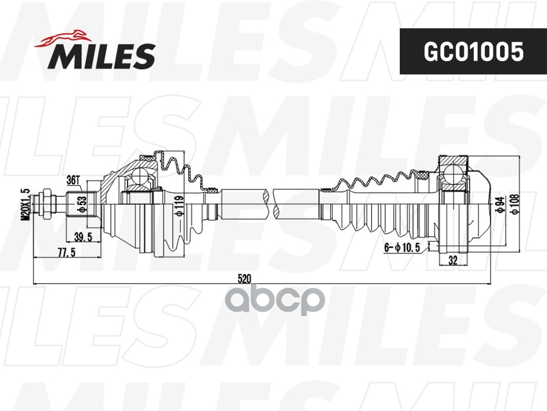 Привод в сборе левый AUDI A3/SKODA OCTAVIA/VW GOLF/BORA 1.9TD-2.8 98- (GKN 304351) GC01005 Miles арт. GC01005