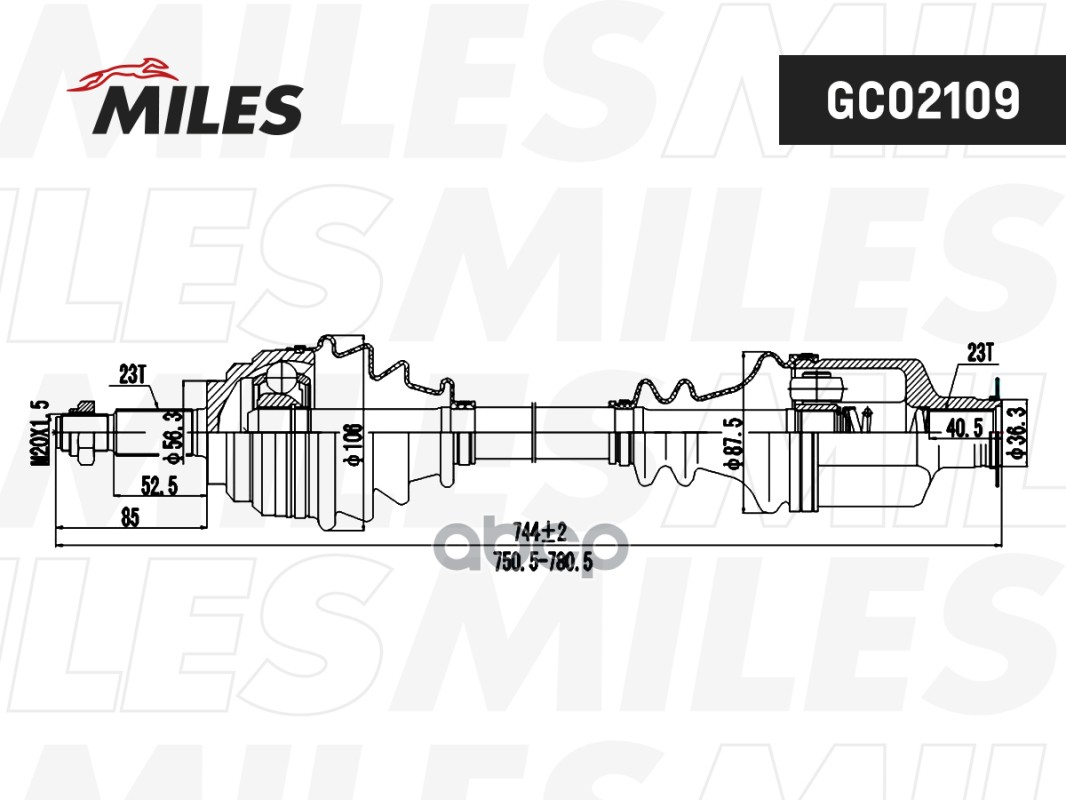 Привод в сборе правый RENAULT LAGUNA I 1.6-2.0 97-01 (GKN 303624) GC02109 Miles арт. GC02109