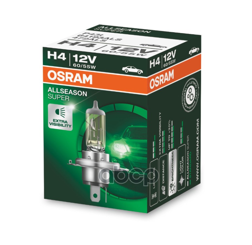 Лампа галогенная All Season Super H4 12V 60/55W P43t 3000K 64193ALS Osram арт. 64193ALS