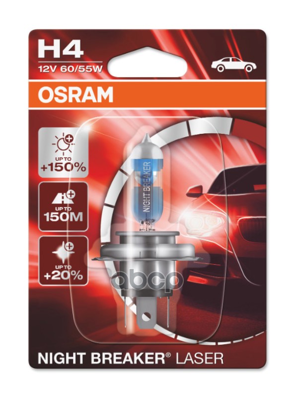 Лампа галогеновая головного света H4 P43t 3400K Night Breaker Laser 12V 60/55W Блистер 1 шт Osram арт. 64193NL01B
