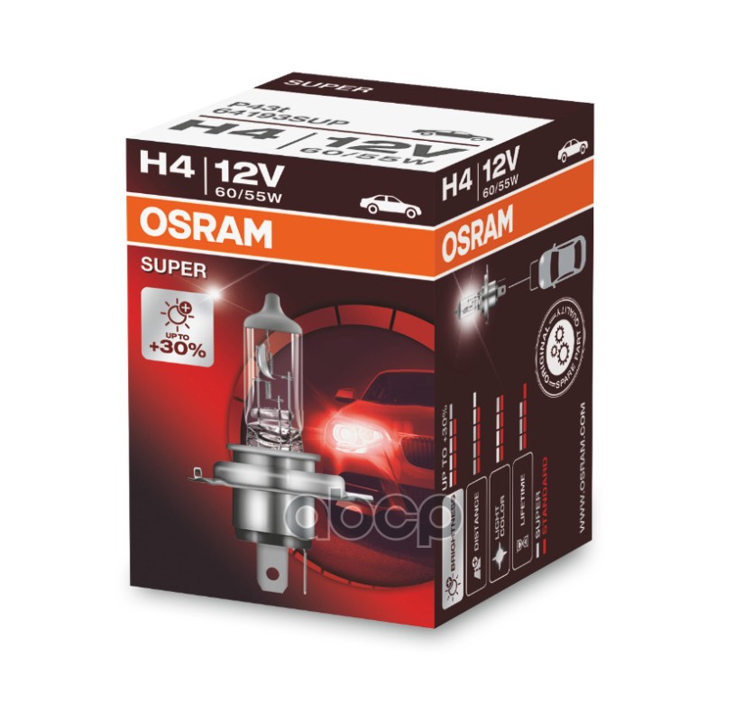 Лампа галогеновая головного света H4 P43t 12V 60/55W P43t Super 1шт Osram арт. 64193SUP