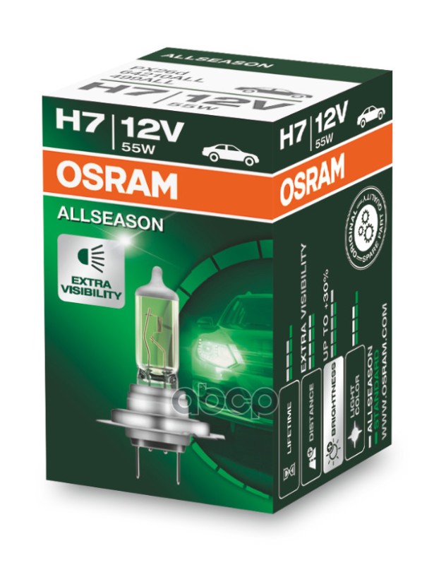 Лампа галогеновая головного света H7 PX26d 3000K All Season 12V 55W Картон 1шт Osram арт. 64210ALL