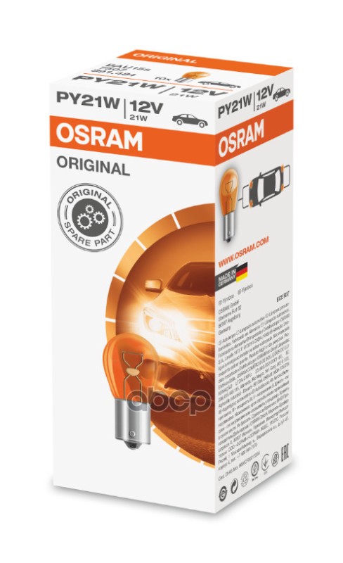 Лампа накаливания сигнальная PY21W BAU15s Original 12V 21W картон 10шт цена за 1шт Osram арт. 7507