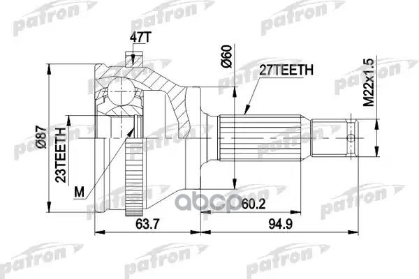 Шрус Наружн Лев К-Кт [A:27 B:23 D:60 Abs:47] Hyundai: Sonata Iii, Iv 06.98-11.05  Левый! PATRON арт. PCV1617AR