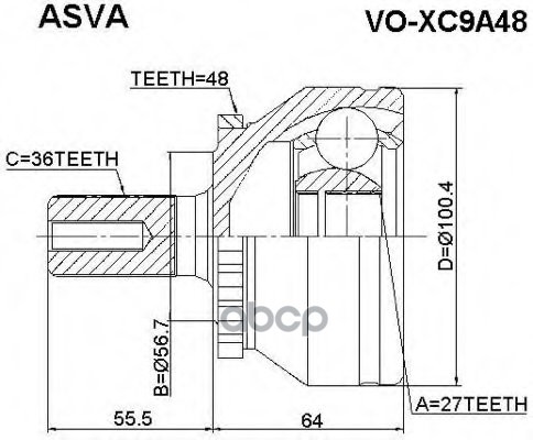 Шрус Наружн [A:36, B:27, D:56.5mm, Abs:48] Volvo: Xc90 03> PATRON арт. PCV3031