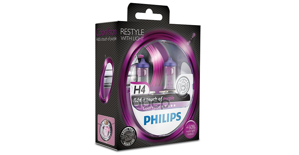 Лампа Галогеновая H4 Colorvision +60% Фиолетовый 12V 60/55W P43t-38 S2 Philips арт. 12342CVPPS2