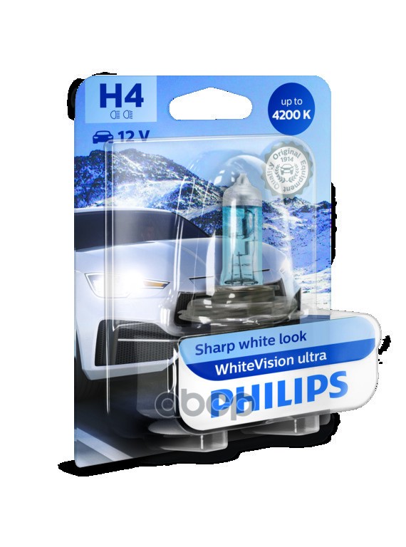 Лампа галогеновая головного света H4 P43t 4200K White Vision Ultra 12V 60/55W Блистер 1шт Philips арт. 12342WVUB1