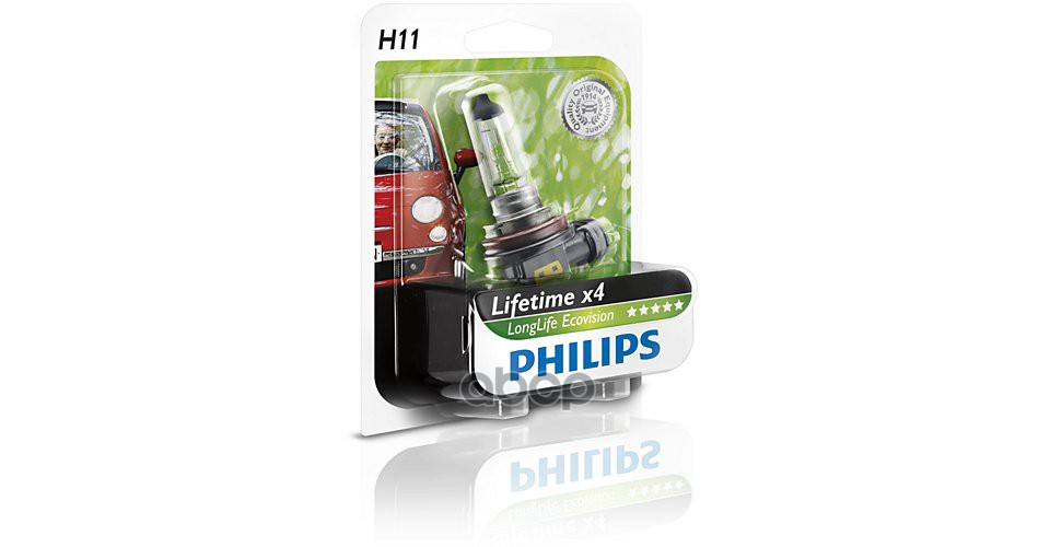 Лампа галогеновая головного света H11 PGJ19-2 Long Life Eco Vision 12V 55W Блистер 1 шт Philips арт. 12362LLECOB1