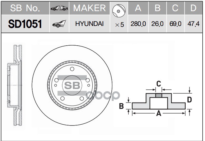 Диск тормозной (Спереди) Hyundai ix35 09-15 / Sonata 04-19 Sangsin brake арт. SD1051