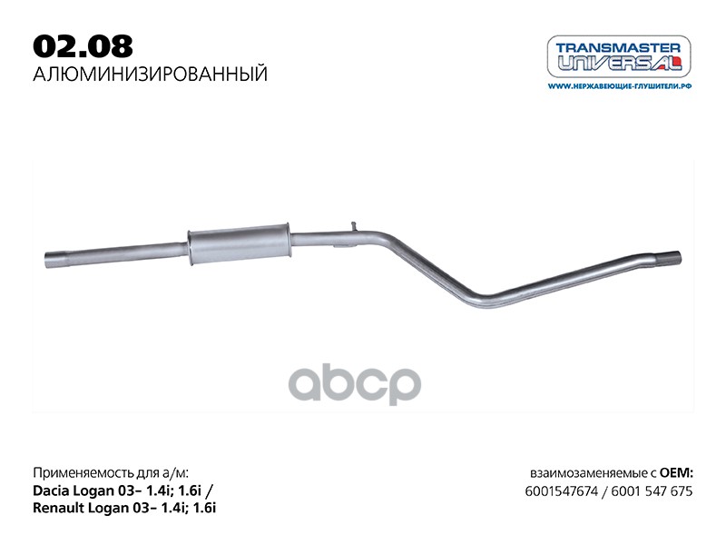Глушитель средняя часть RENAULT Logan /Alu TRANSMASTER UNIVERSAL 02.08AL TRANSMASTER UNIVERSAL арт. 02.08AL