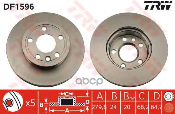 Диск тормозной передний VW T4 90-03 /для 15" диска /Vent D=280mm TRW DF1596 TRW арт. DF1596