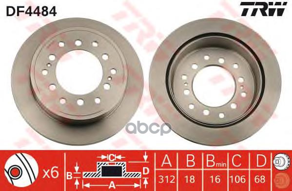 Диск тормозной задний TOYOTA LAND CRUISER 70, 90, 120, LEXUS GX470 DF4484 TRW арт. DF4484