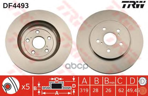 Диск тормозной передний LEXUS RX300-350-400h (2003-2008) DF4493 TRW арт. DF4493