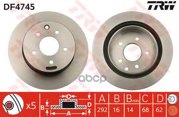 Диск тормозной задний NISSAN QASHQAI, X-TRAIL (T30-31), RENAULT KOLEOS DF4745 TRW арт. DF4745