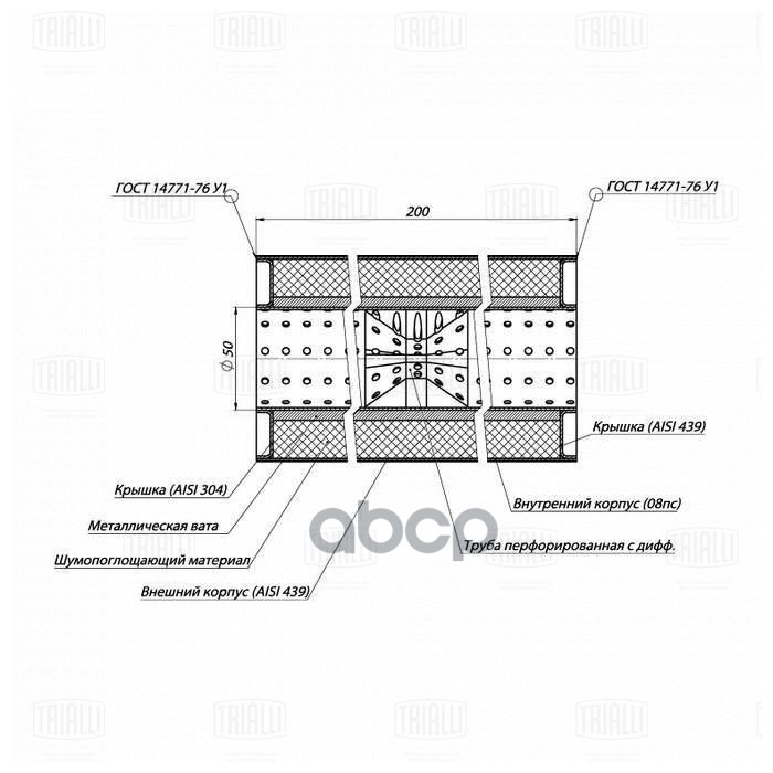Пламегаситель универс. 100/200-50 с перф. диффузором (нерж. сталь) (ESM 10020050d) Trialli арт. esm-10020050d