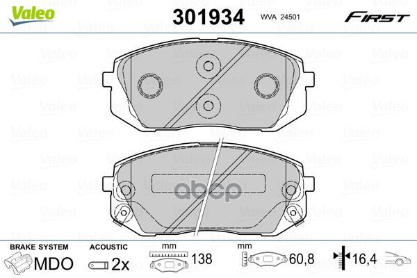 Колодки Тормозные Дисковые Перед Kia Carens Ii 2.0 Crdi 02-, Carens Iii 2.0 Crdi/2.0 Cvvt 06- Valeo арт. 301934
