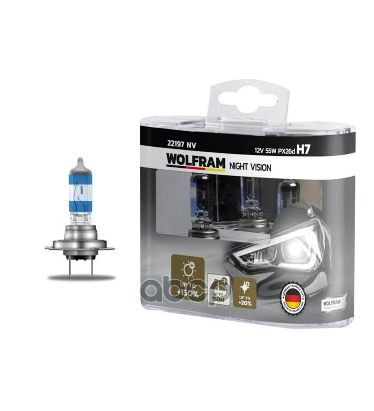 Лампа 12V H7 55W +150% PX26d WOLFRAM NIGHT VISION +150% EXTRA LIGHT + 20% WHITER 2 шт. DUOBOX 22197NV WOLFRAM арт. 22197NV