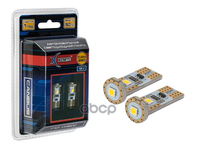 Лампа Светодиодная Сигнальная Т10w5w С Обманкой W2,1*9,5D 4300K Can 330 9-15V 1W Блистер 2Шт 1009619 Xenite арт. 1009619
