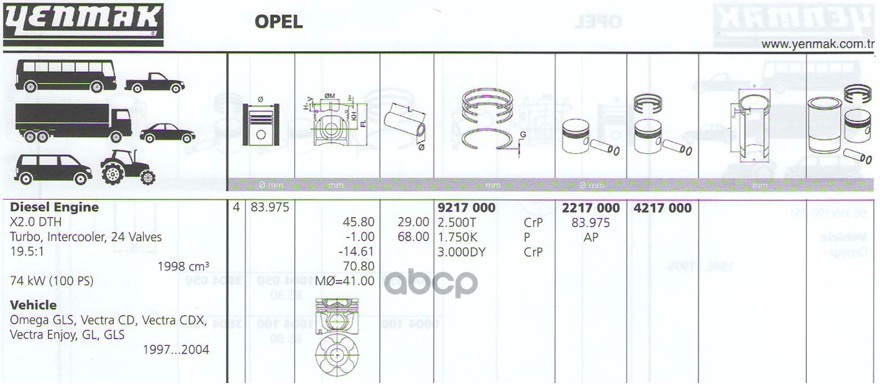 Поршень Двс С Кольцами Opel Vectra 2.0Td X20dth 16V =84  2.5X1.75x3 Std 96> YENMAK арт. 4217.000