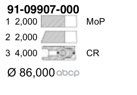 Кольца Поршневые 1 Цилиндр, Renault, =86, 2X2x4, Std YENMAK арт. 91-09907-000