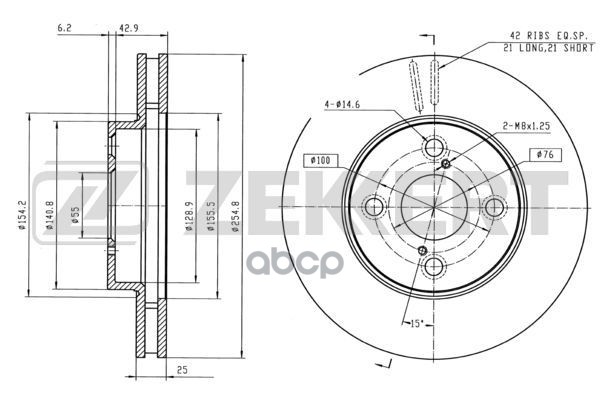 Диск торм. перед. Toyota Corolla (E120) 01-  Lifan Solano 08- Zekkert арт. bs-5379