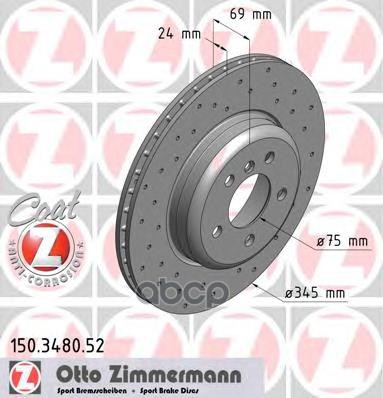 Диск тормозной задний с покрытием перфорированный BMW 5-F07/F10/F11 / 6-F06/F12/F13 / 7-F01/F02 ZIMMERMANN 150.3480.52 Zimmer...