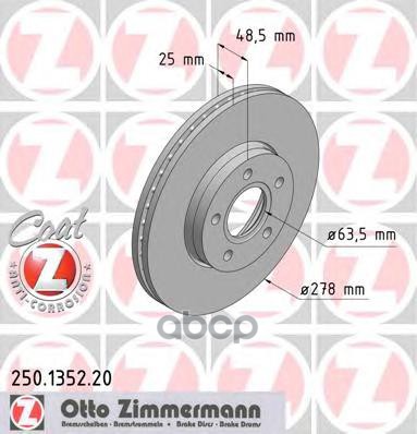 Диск тормозной передний Ford Focus II 04> ZIMMERMANN 250.1352.20 Zimmermann арт. 250.1352.20